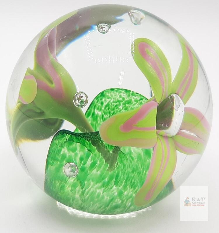 Encased Lampwork Flower Glass Paperweight with Controlled Bubbles