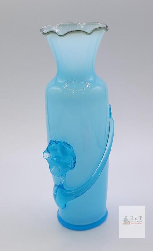 Hand-Blown Light Blue Art Glass Vase with Applied Flower and Ruffled Rim,
