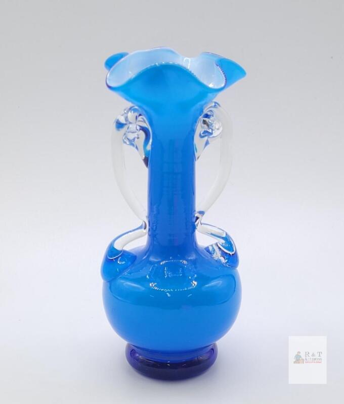 Hand-Blown Cobalt Blue Glass Vase, Double Clear Handles, Flared Rim, Pontil Base