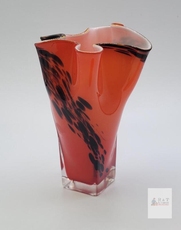 Red Art Glass Vase, Hand-Blown, Ruffled Rim, Black Spots, Gold Trim,