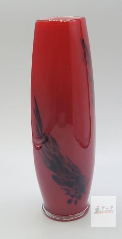 Tall Modern Red Glass Vase, Black Feather Swirl, Cylindrical Art Glass Bud Vase