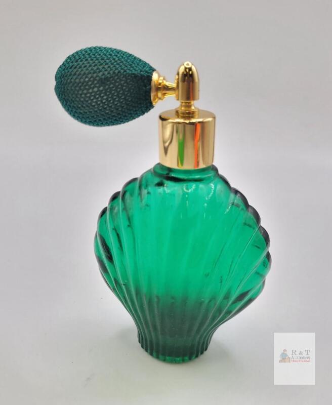 Emerald Green Shell-Shaped Vintage Glass Perfume Atomizer, Gold Accent