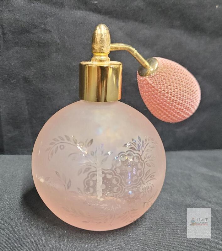 Vintage Pink Glass Perfume Atomizer, Floral Etched Bulb Sprayer, Gold Accent