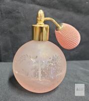 Vintage Pink Glass Perfume Atomizer, Floral Etched Bulb Sprayer, Gold Accent