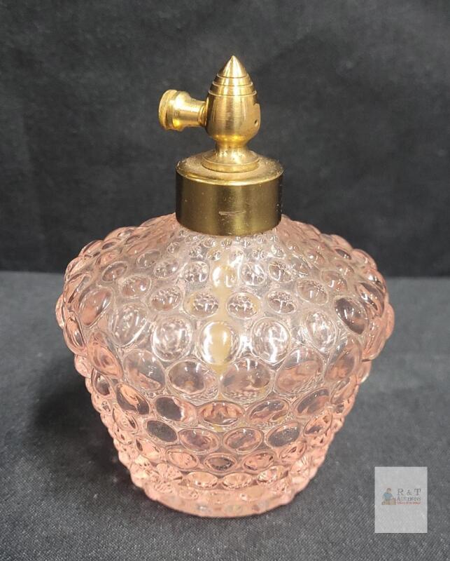 Vintage Pink Hobnail Glass Perfume Atomizer Bottle, Brass Top, ca. 1940s-60s