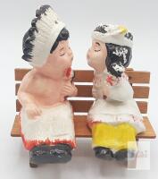 Vintage 1950s-60s Ceramic Native American Couple Salt & Pepper Shakers on Wooden Bench