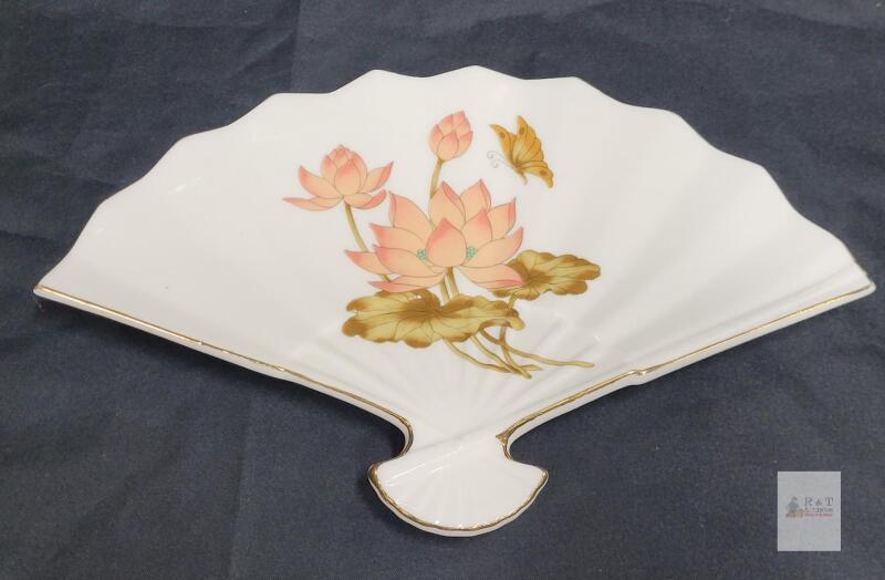 Japanese Fan-Shaped Porcelain Plate, Lotus and Butterfly, Gold Trim, Japan Mark