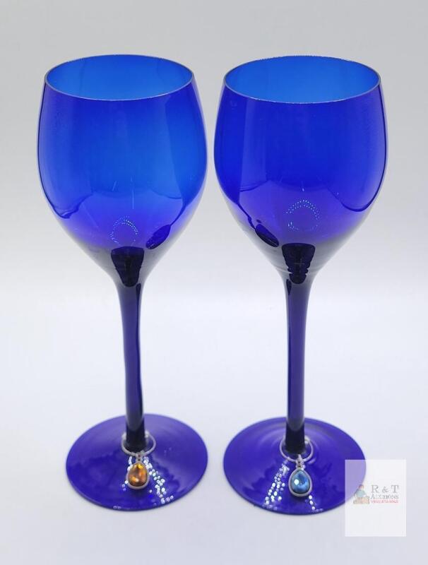 Pair of Cobalt Blue Wine Glasses with Decorative Stem Charms, 16.5 oz Capacity