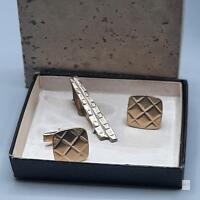 Vintage Gold tone Diamond Pattern Cufflink and Tie Clip Set in Original Box, 1950s-70s