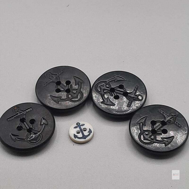 Black Navy Anchor Uniform Buttons, Plastic, 1.25" (32mm), Set of 5, Anchor Motif, 4-Hole Design