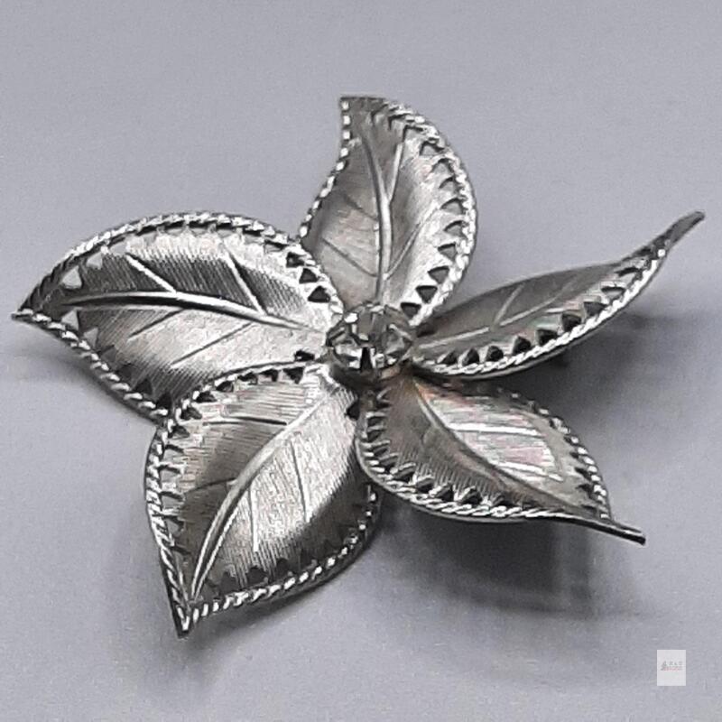 Vintage Silver-Tone Flower Brooch, Five Petal Design, 2 Inch Wide, Central Rhinestone Accent