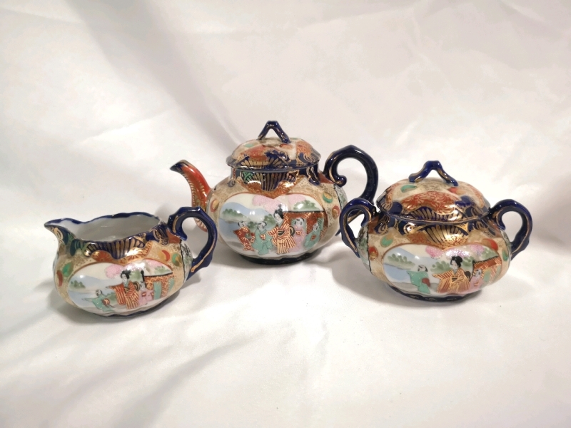 Vintage Teapot with Creamer & Sugar Asian Design