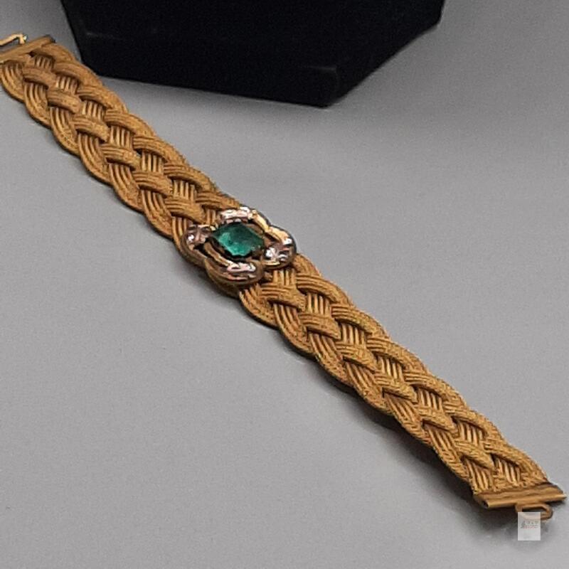 Gold-Tone Braided Mesh Bracelet with Teal-Green Stone and Floral Accents