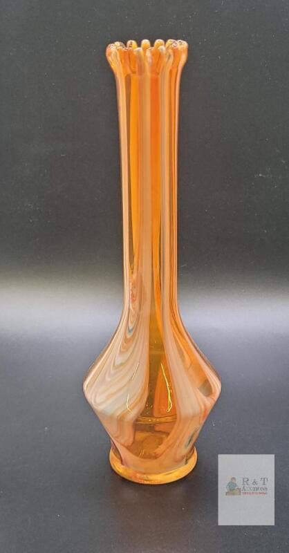Vintage Hand-Blown Art Glass Vase, Orange with White Swirl, Ruffled Rim
