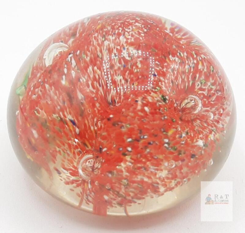 Hand-Blown Glass Paperweight, Red Abstract Design, Controlled Bubbles,