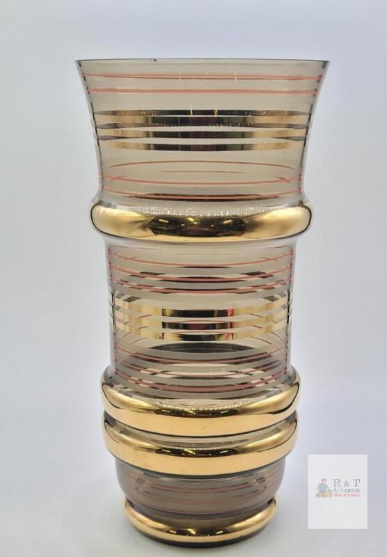 Decorative Glass Vase, Gold Bands & Red Accent Lines, European Style