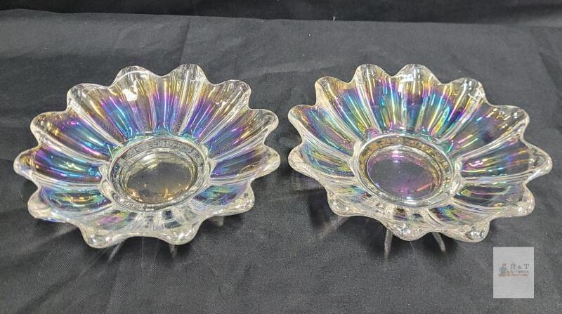 Pair of Iridescent Glass Petal Bowls &ndash; Clear Carnival Aurora Borealis Finish, Fluted Rim