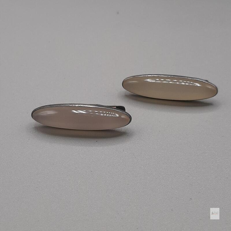 Sterling Silver Cufflinks, Oval Beige Inlay, Vintage Mid-Century, "STERLING" Marked