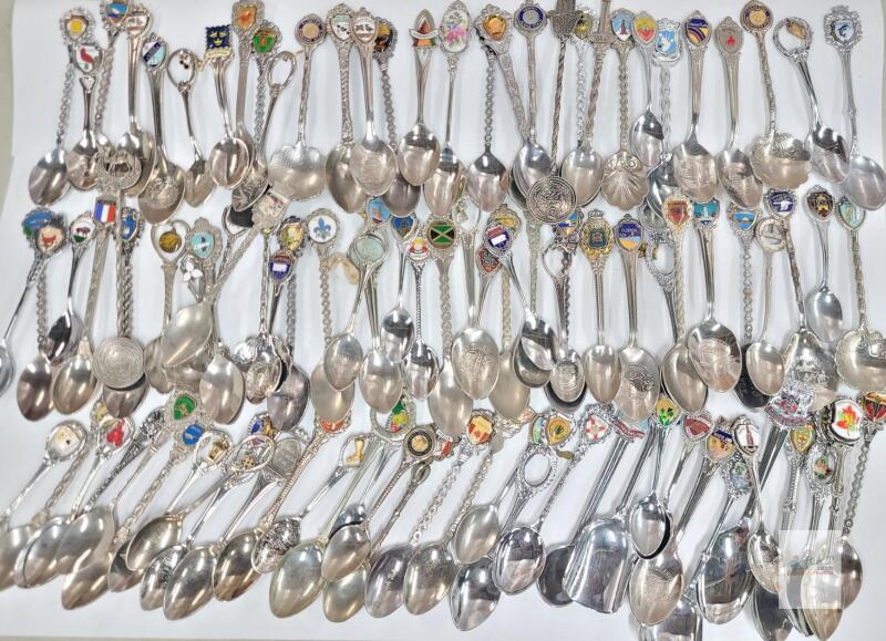 Large Collectible Souvenir Spoon Lot &ndash; Worldwide Enamel Shields, Silverplate, 5.5" Avg Length