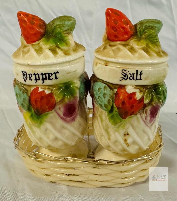 Vintage Ceramic Salt & Pepper Shakers with Strawberry Motif and Basket Holder