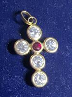 18K 750 stamped 6 stone cross Pendant