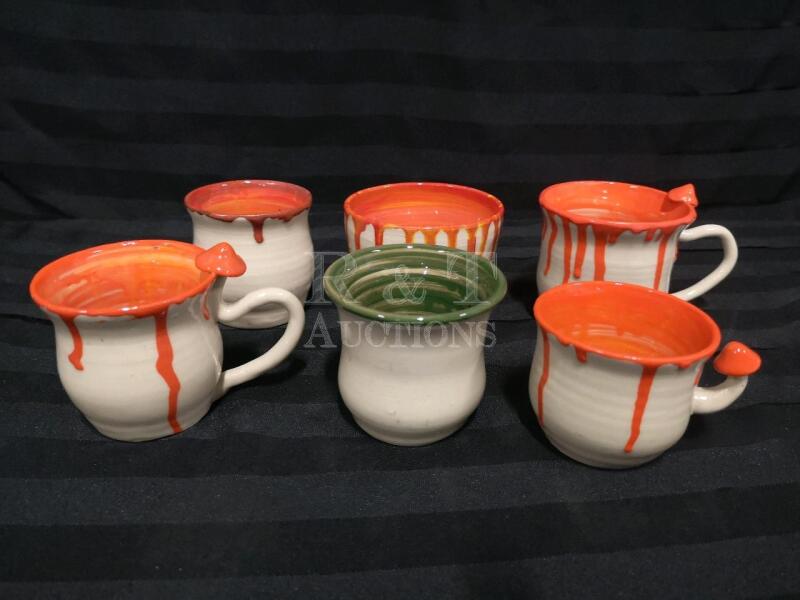6 Pottery Pieces - Mugs with Mushroom shaped Handles +