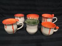 6 Pottery Pieces - Mugs with Mushroom shaped Handles +