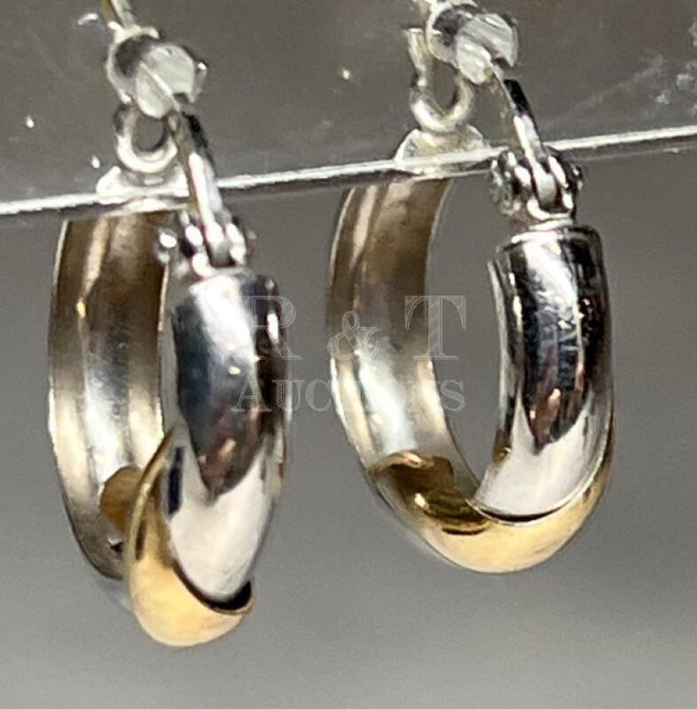 375 9K Gold stamped White Gold Everyday Hoop Earrings Yellow gold detail