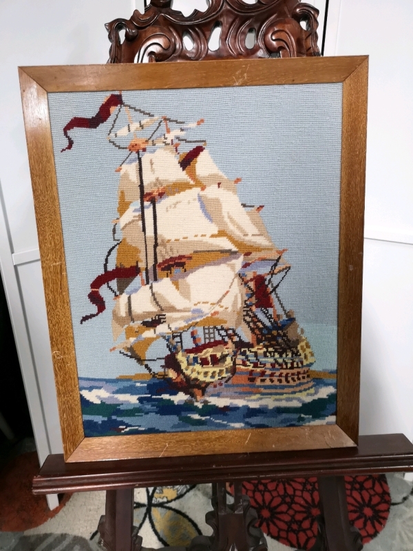 Vintage Framed Stitch Art - Ship