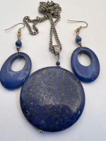 Large Lapis Round Pendant Sturdy chain Intigo oval Hoops