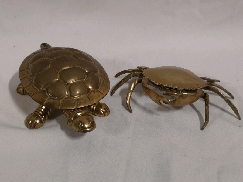 Vintage Brass Turtle Trinket Box & Crab Ashtray