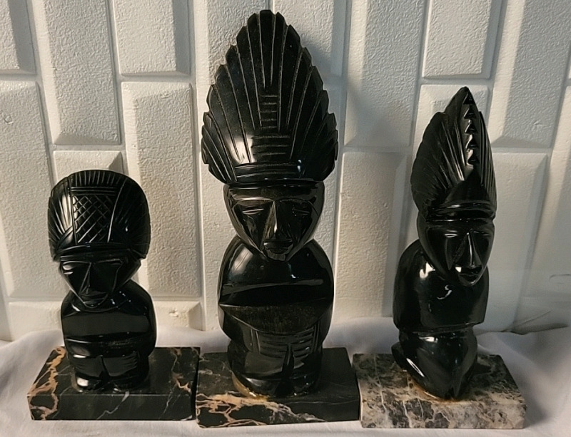 3 Carved Obsidian Glass Figures - 6"-10" Tall