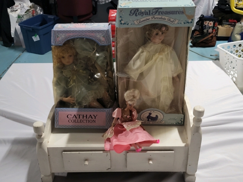 2 Porcelain Dolls , Barbie & A Wood Doll Bed