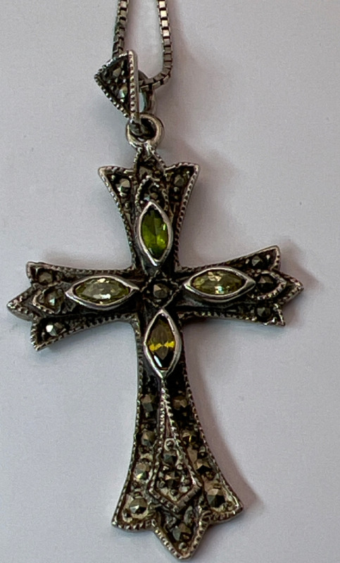 925 Sterling Marcasite Peridot Stone Cross