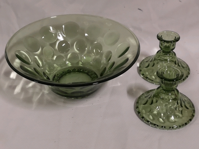 Vintage Green Glass Candle Holders & Salad Bowl