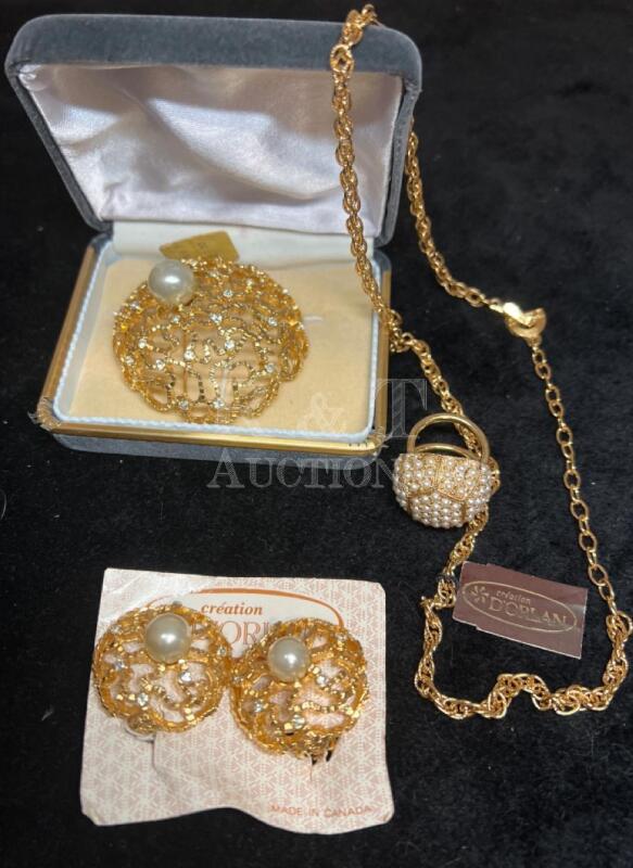 D&rsquo;ORLAN Solitaire Faux Pearl large Brooch Matching Earrings
