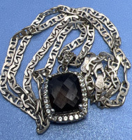 Beautiful Marinar Gucci style link chain is stamped 925 sterling and Italy and it is 18 inch with lobster clasp. Makers mark is a P resting inside the shape of a house. I love the pendant attached, it is 1 inch with detailed bale. Stone is checkerboard cu