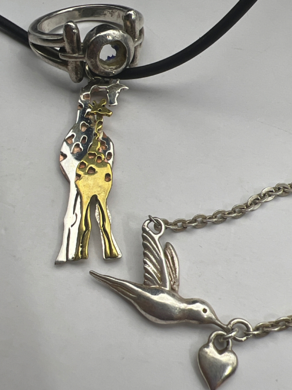 Sterling Brutalist Ring Hummingbird & Girraffe Necklaces