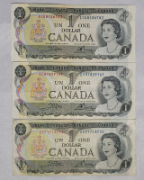1973 Canadian One Dollar Bank Notes , Three (3) Bills