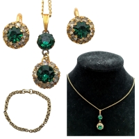 Vintage Gold Filed Necklace with Emeralds & Rhinestones with matching Earrings + Vintage CORO Bracelet