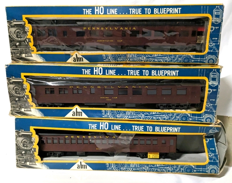 3 Vintage AHM HO Scale Model Pennsylvania Rail Road Train Cars: Pullman Car #6270, Observation Car #6271, Diner Car #6273.