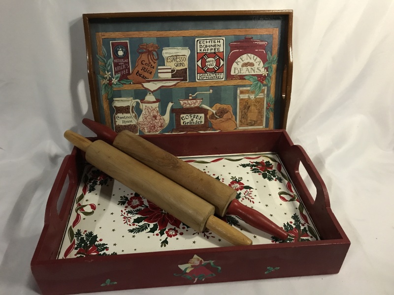 2 Vintage Wooden Rolling Pins & Trays