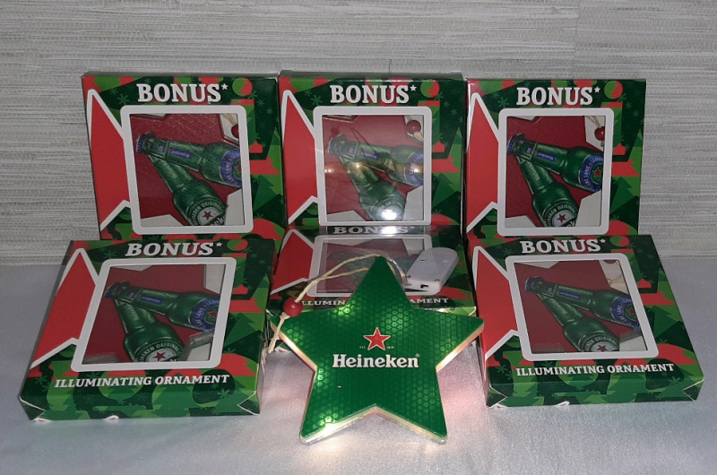 10 New Illuminated Heineken Ornaments.