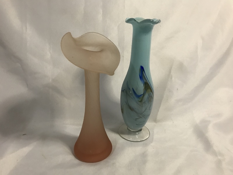 2 Elegant Vintage Glass Vases 8 & 9 inches tall