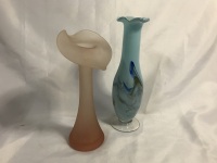 2 Elegant Vintage Glass Vases 8 & 9 inches tall