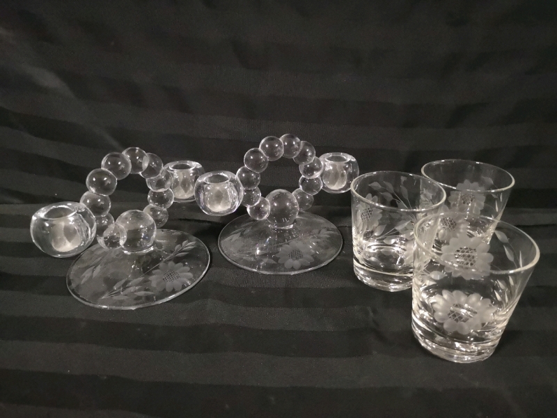 Vintage Glass Candle Holders & Glasses - Corn Flower Pattern