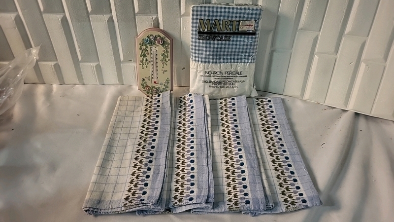 2 New Standard Pillowcases, 4 Dish Towels & Thermometer