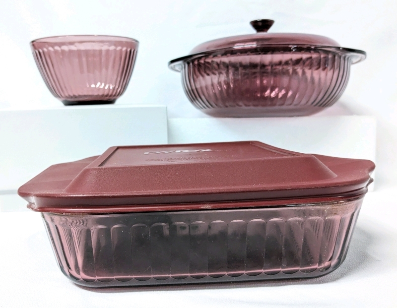 Vintage PYREX Cranberry Bowl + 2 Casserole Dishes w Lids