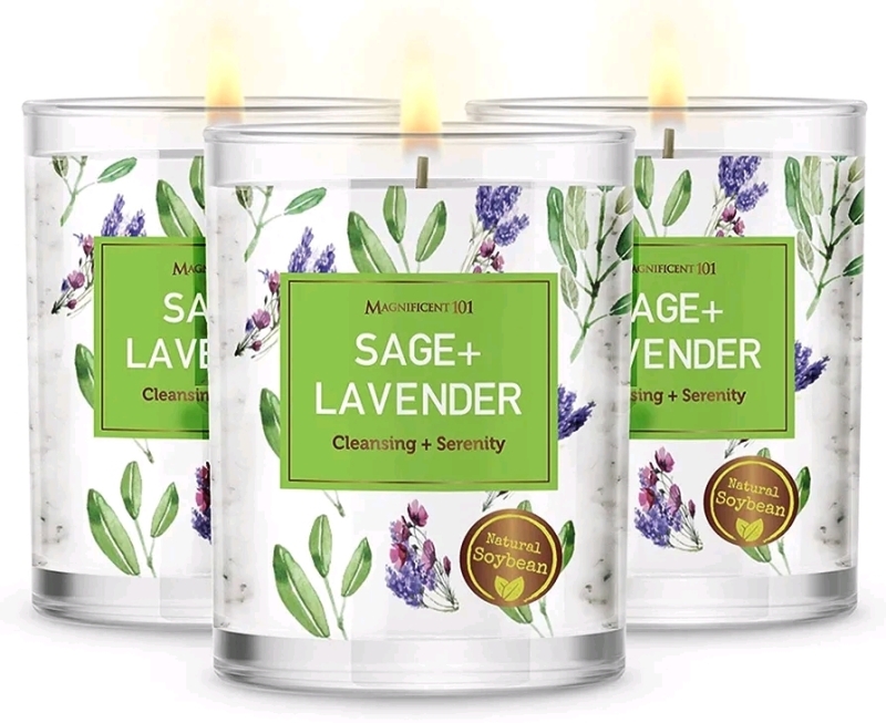 3 New Magnificent 101 Sage + Lavender Soy Candles for Cleaning & Serenity (100g ea)