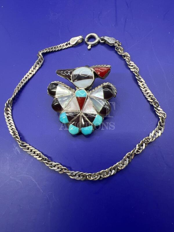 Vintage Zuni Roadrunner Brooch Stone Inlay + Sterling Bracelet